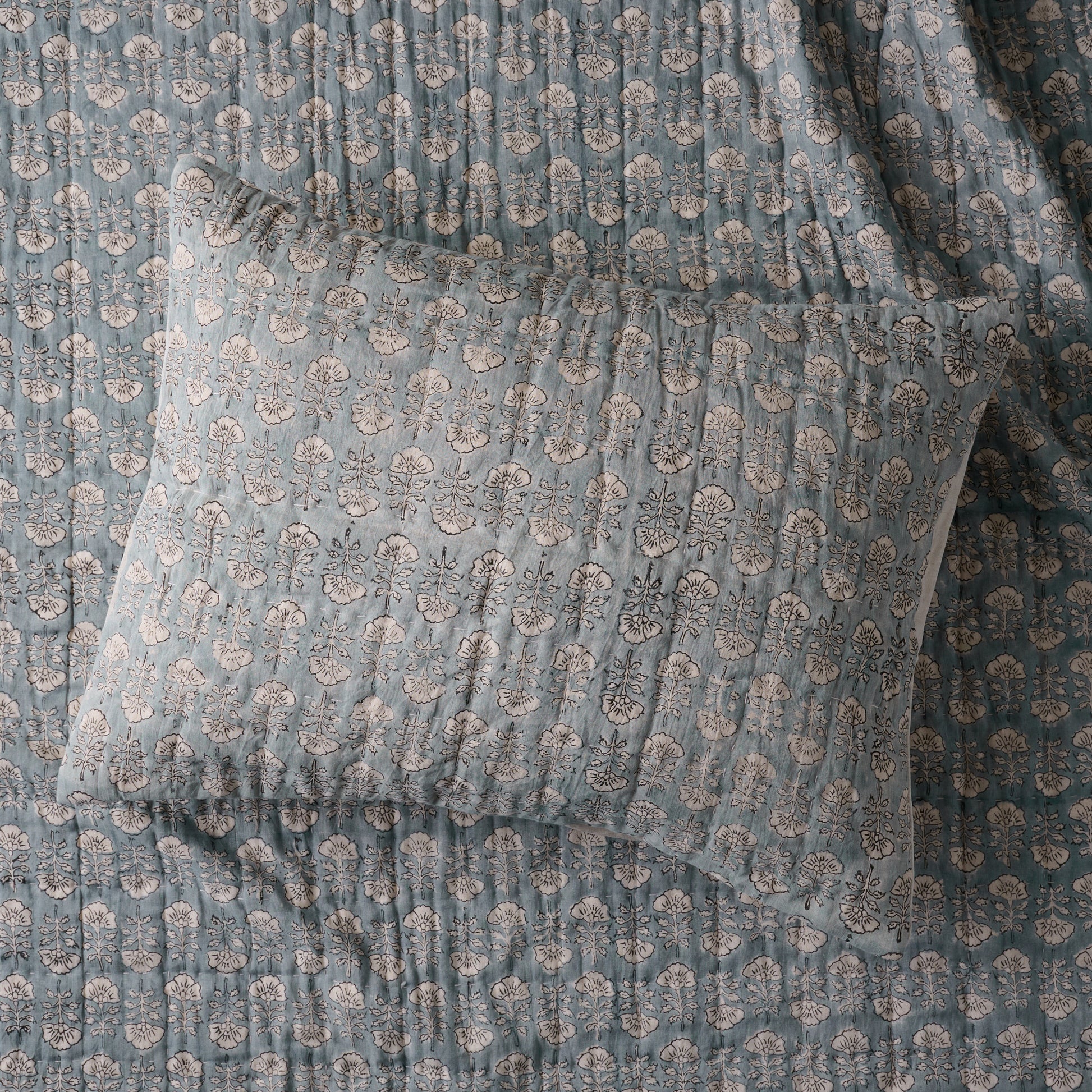 Flora Block Print Pillow Sham - Silver Blue