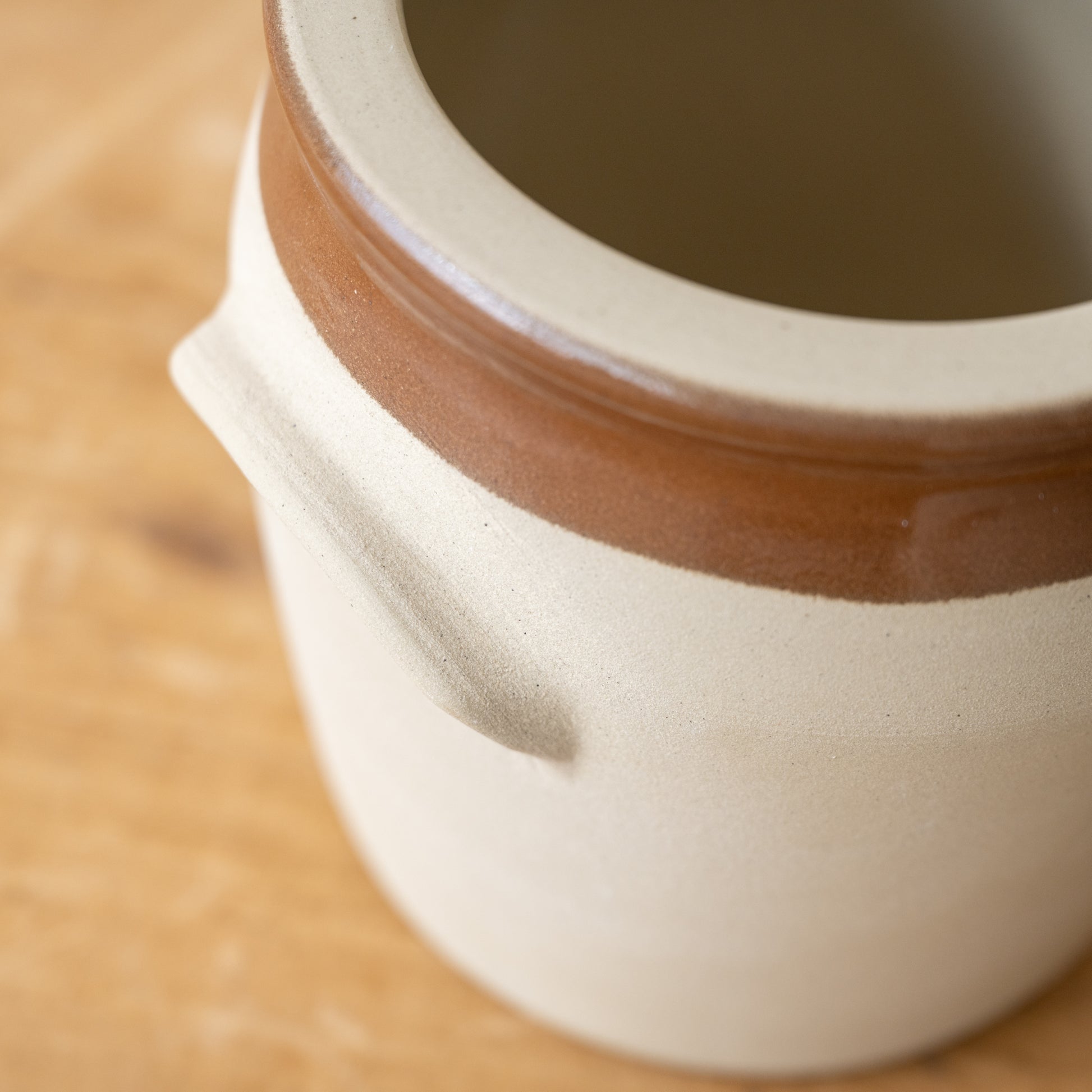 Found French Stoneware Crock close up of handle