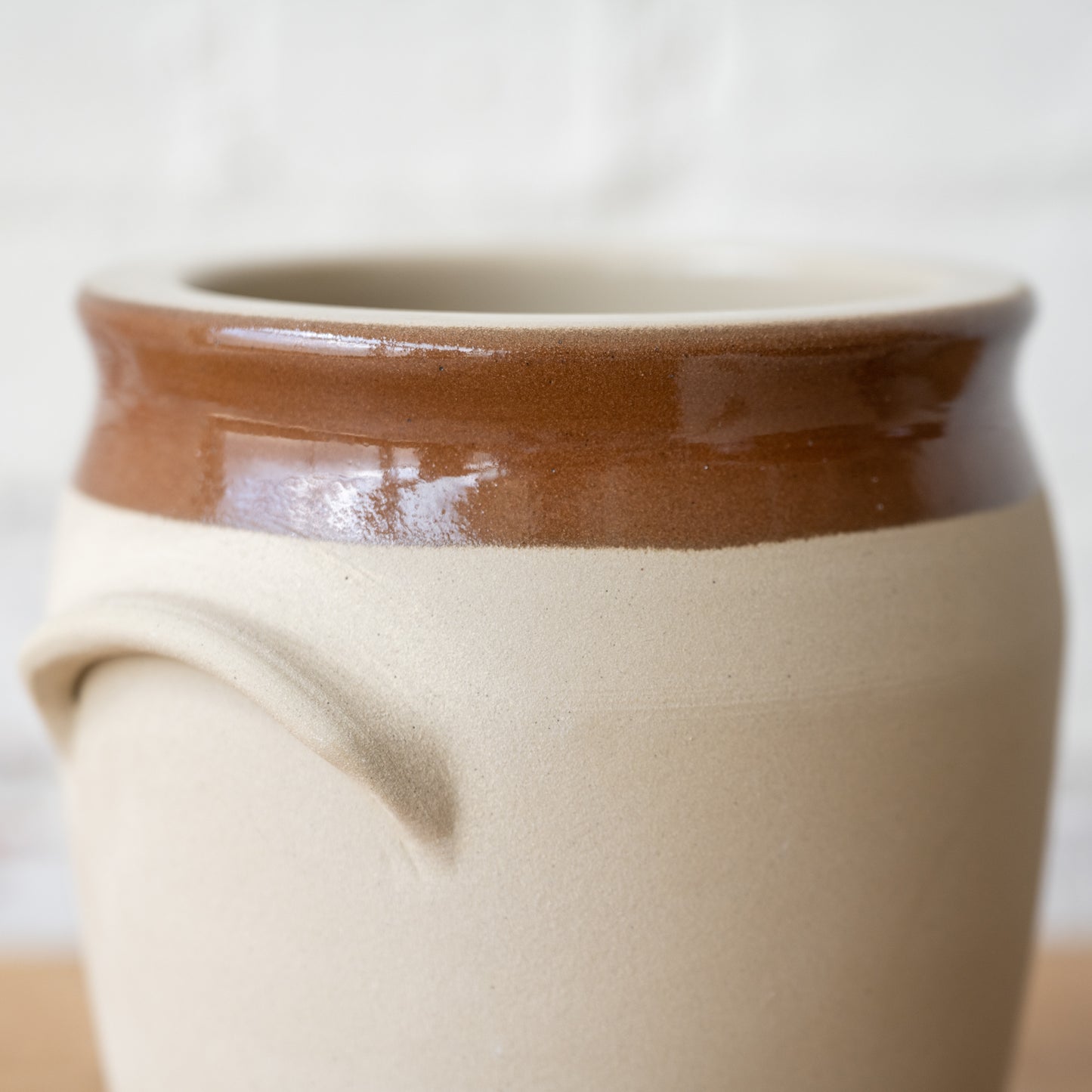 Found French Stoneware Crock close up of glaze detail