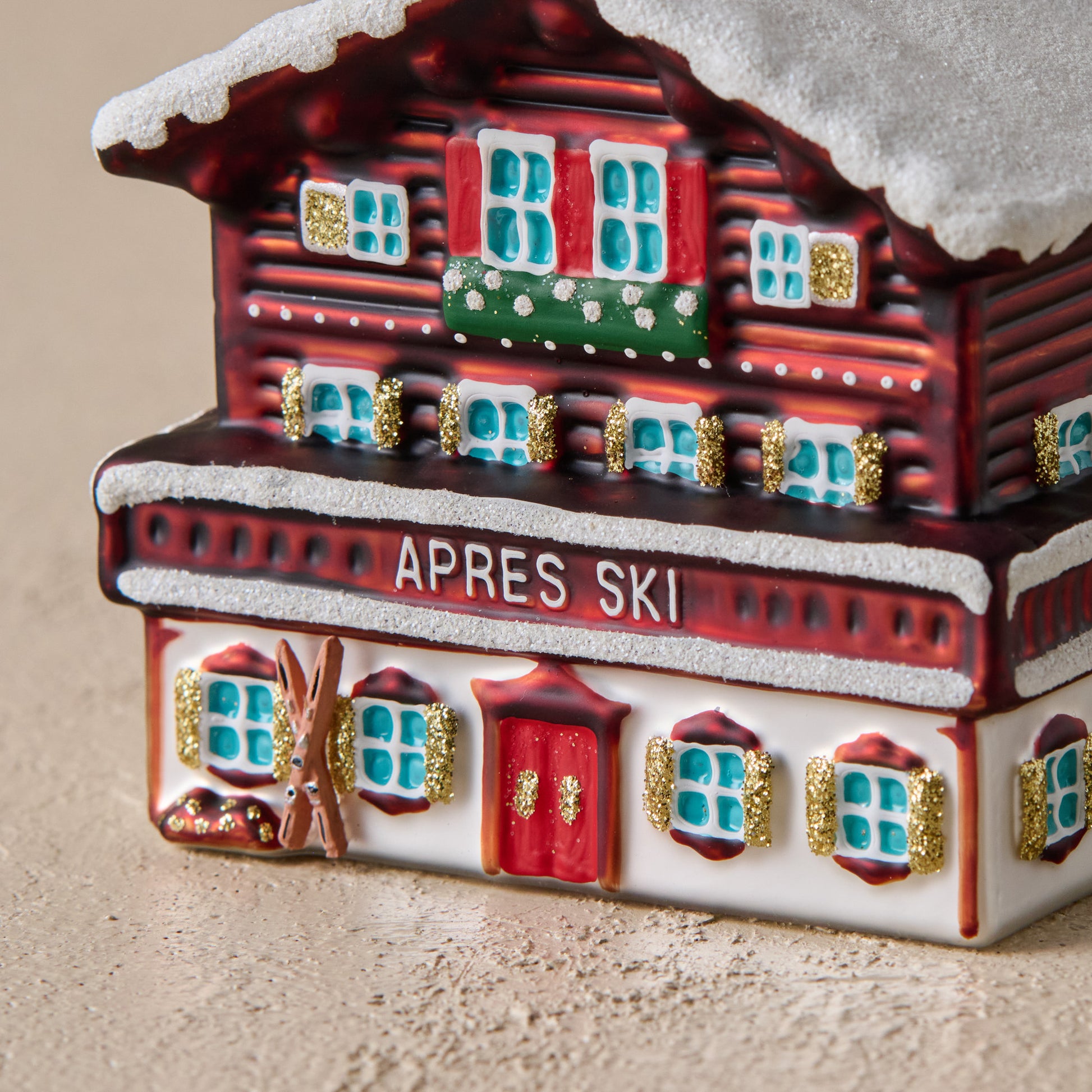 Ski Lodge Ornament up close
