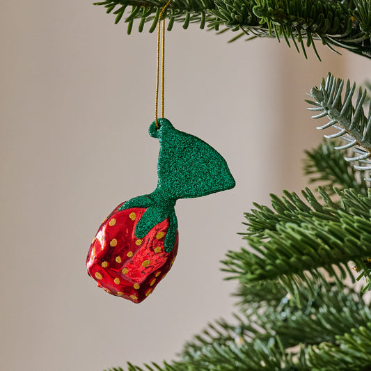 Vintage Strawberry Candies Ornament shown hung from tree