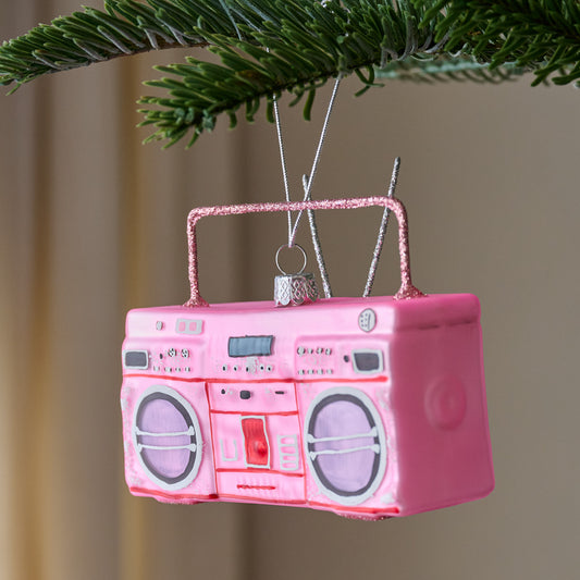 Pink Retro Boombox Ornament shown hung on tree