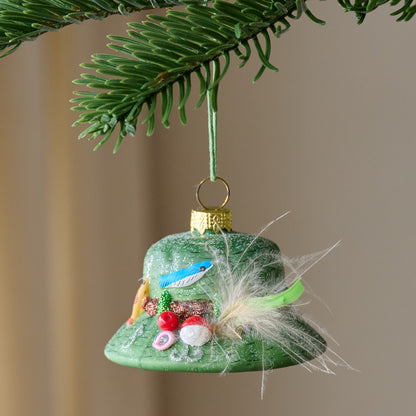 Gone Fishin' Bucket Hat Ornament shown hung on tree