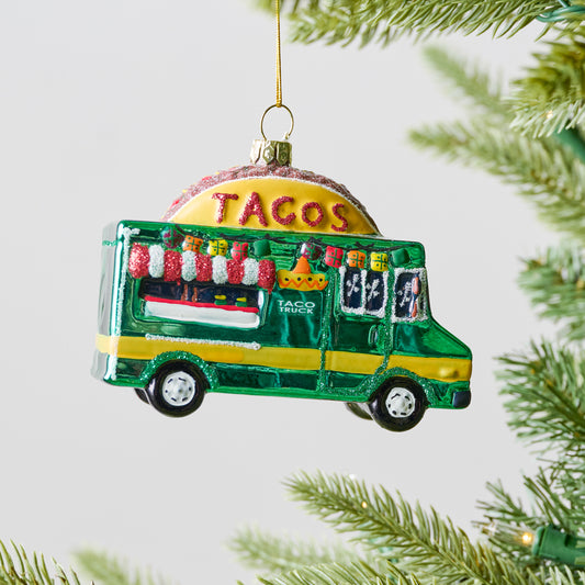 Taco Truck Ornament shown on tree