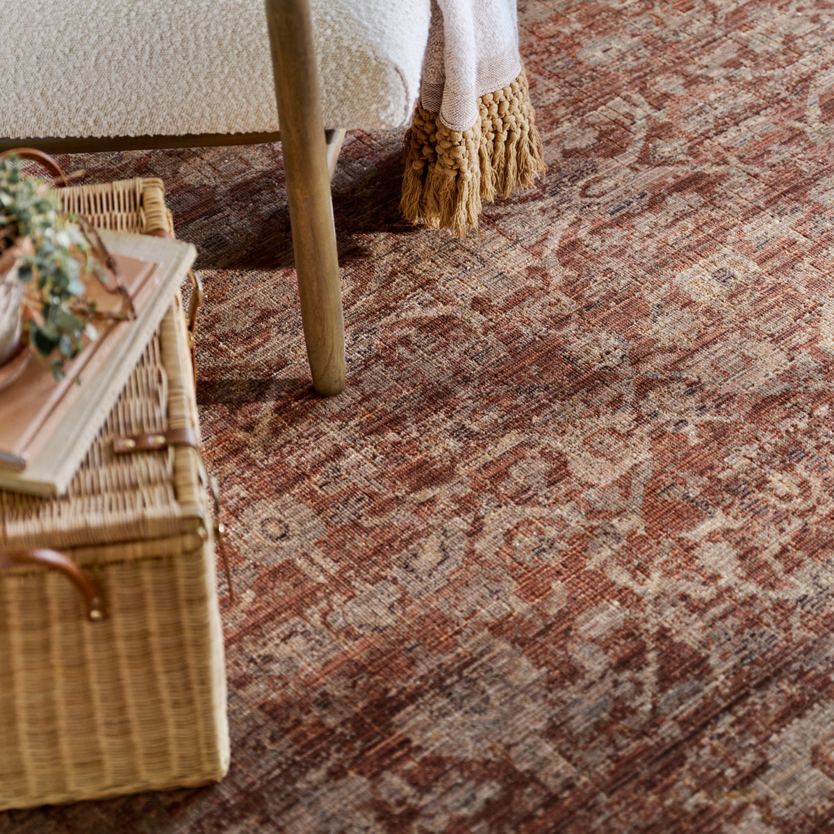 detailed view of hillcrest sienna sand rug under an accent chair