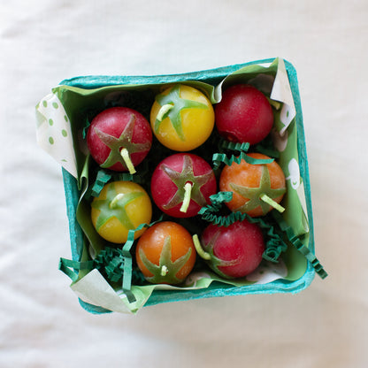 Cherry Tomato Birthday Candle Set of 8 shown from above in carton