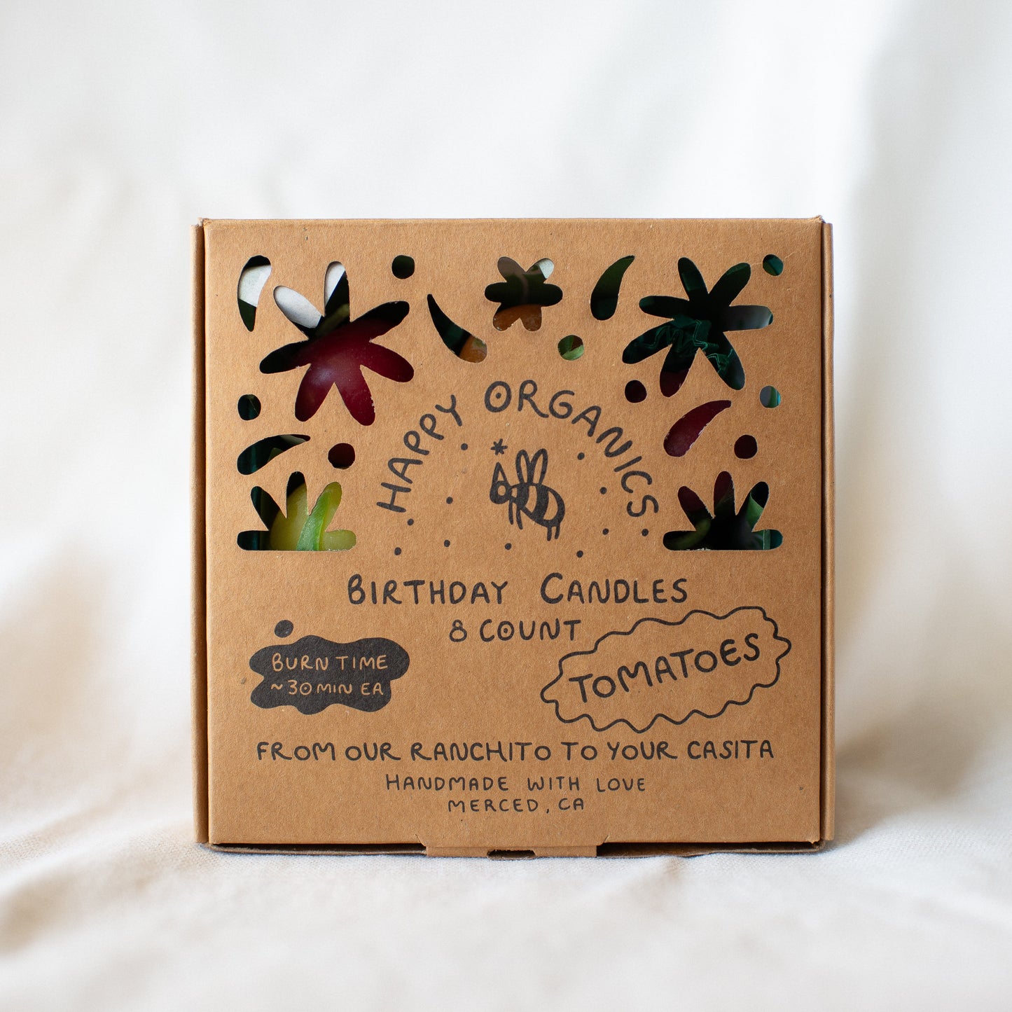 Cherry Tomato Birthday Candle Set of 8 shown in box