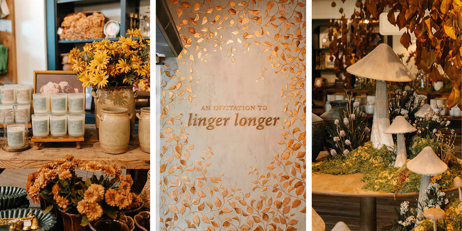 A three-panel collage showcasing a cozy, rustic, and woodland-themed retail display. The left panel shows a shelf with candles, a mason jar filled with yellow flowers, and dried orange flowers.