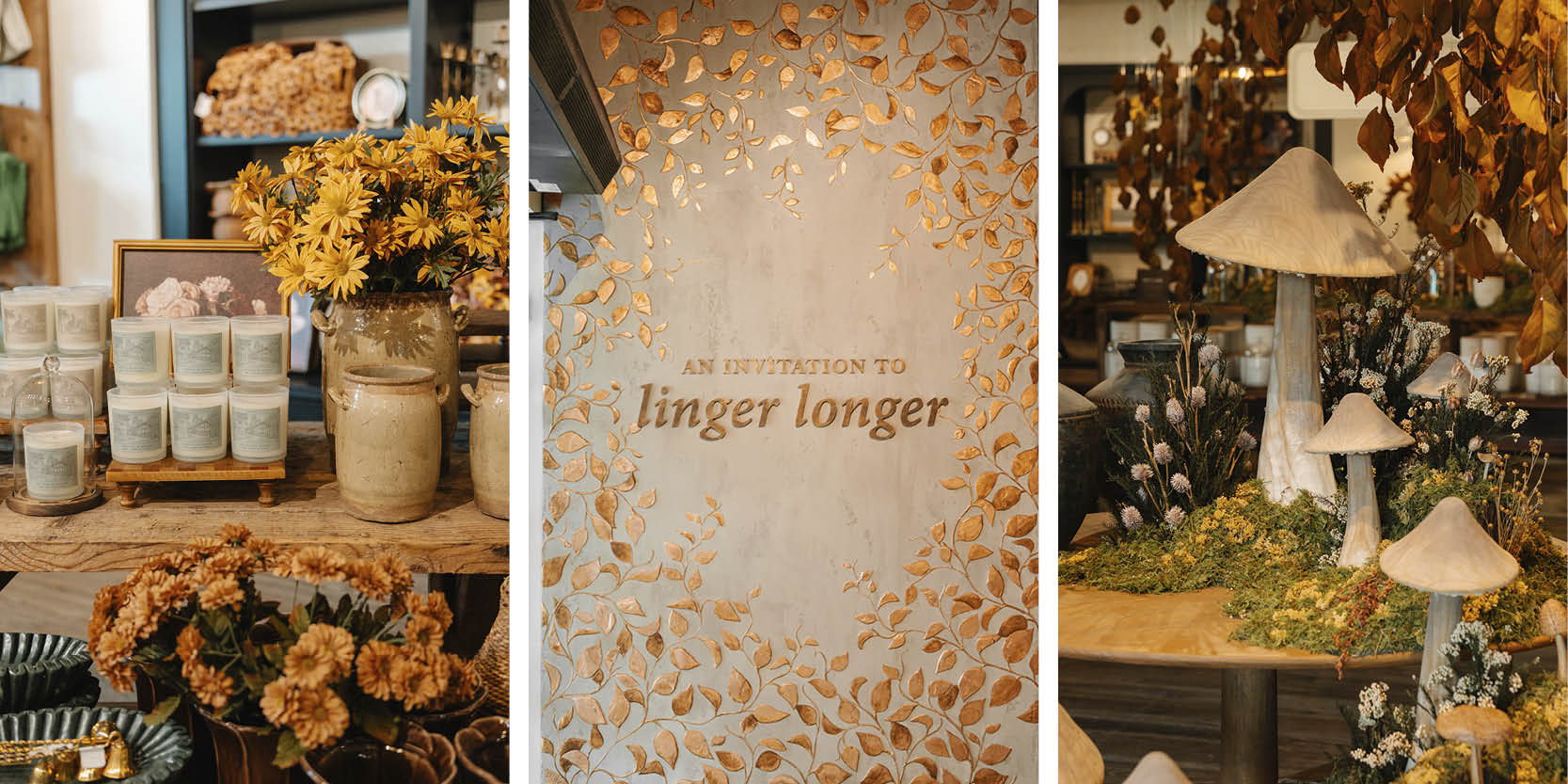 A three-panel collage showcasing a cozy, rustic, and woodland-themed retail display. The left panel shows a shelf with candles, a mason jar filled with yellow flowers, and dried orange flowers.
