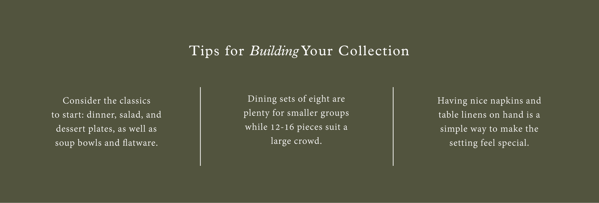 Text tips for building a dining collection on a dark green background