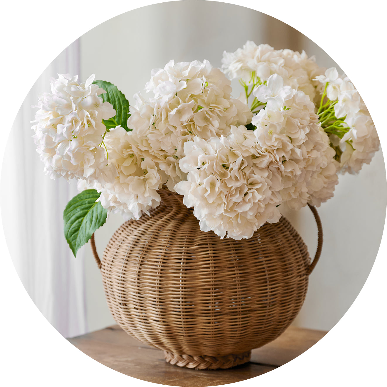 Cream Hydrangeas +Remi Rattan Vase