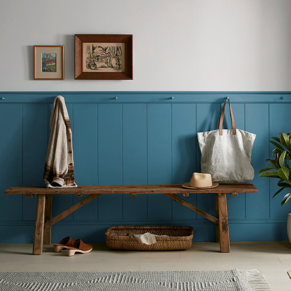 true blue paint color named superior shown painted on entryway wall