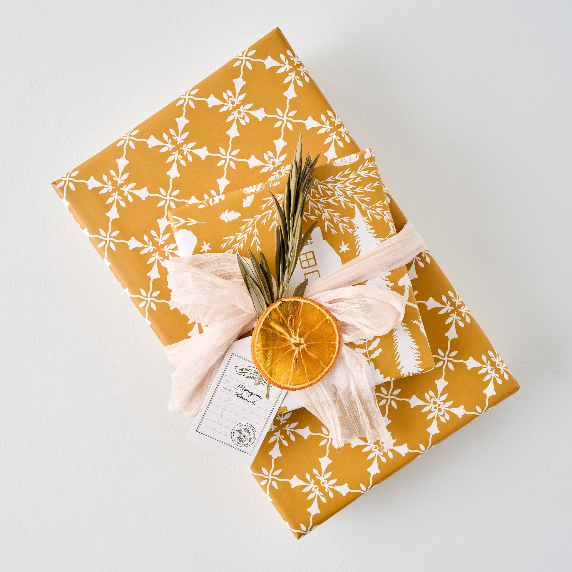 Magnolia Gold Woodland Wrapping Paper Sheets on gift