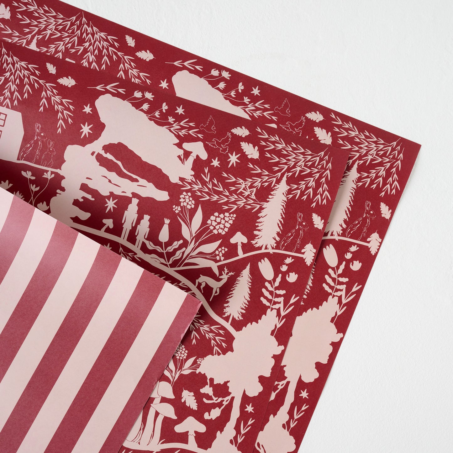 Magnolia Burgundy Woodland Wrapping Paper Sheets up close