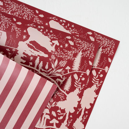 Magnolia Burgundy Woodland Wrapping Paper Sheets up close