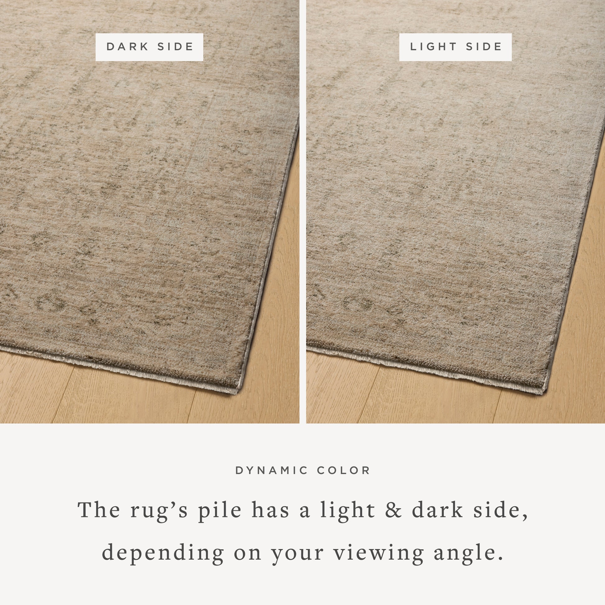 Junie Oatmeal Smoke Rug corner shown from 2 different viewing angles