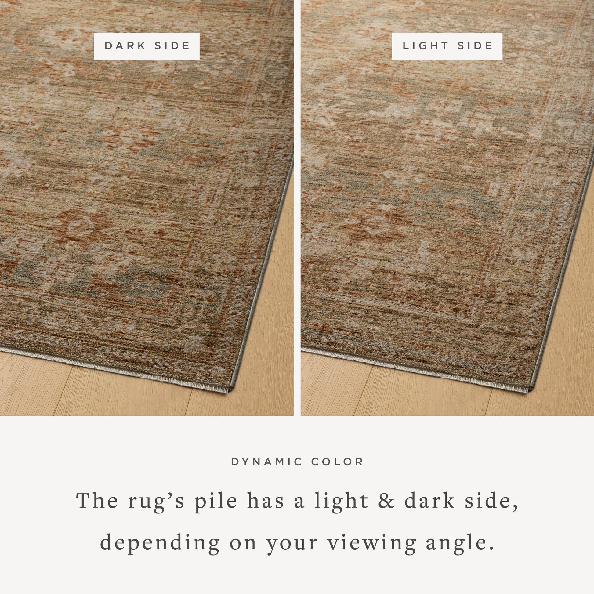 Junie Spice Multi Rug corner shown from 2 different viewing angles
