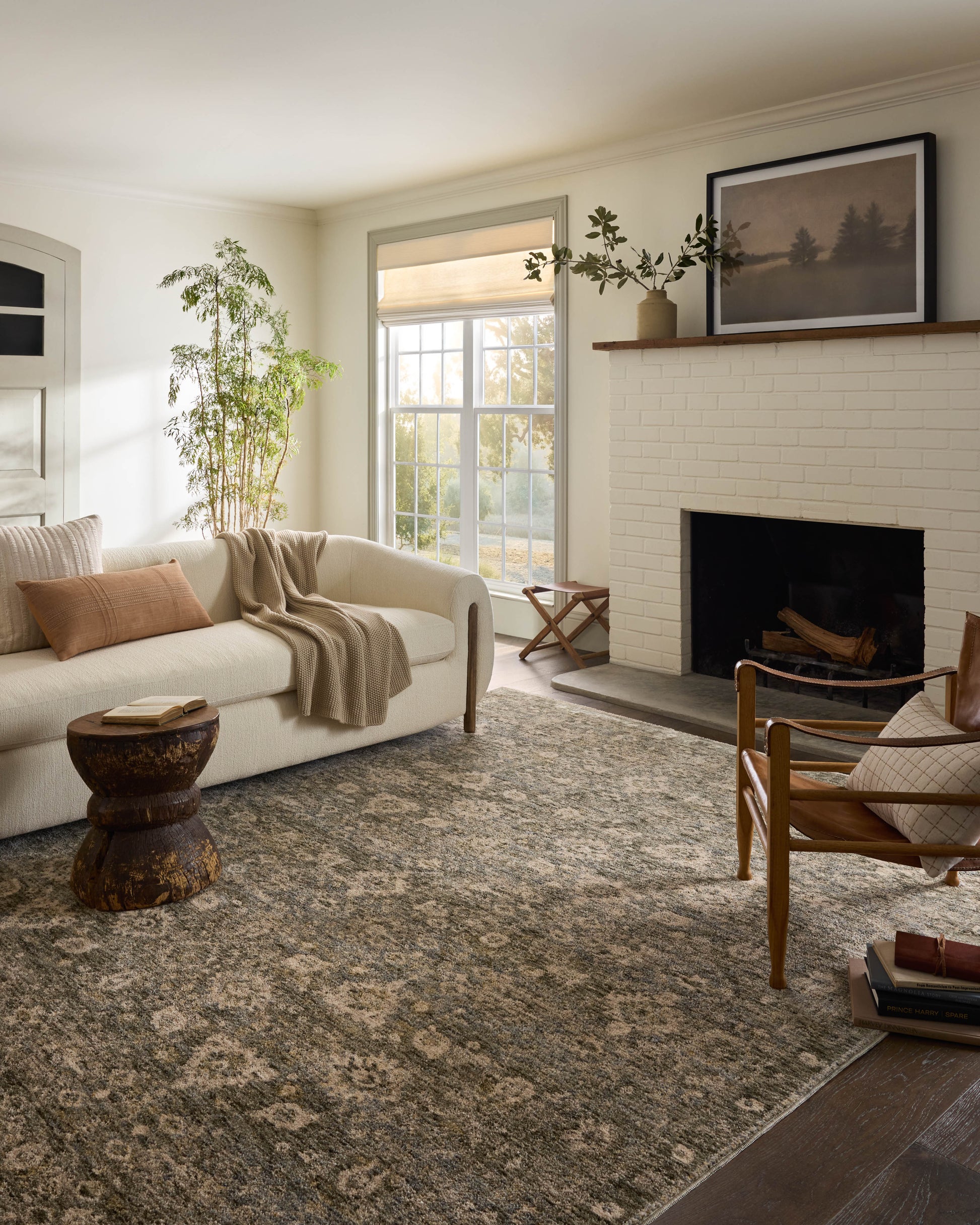 Junie Lagoon Natural Rug shown in bright living room