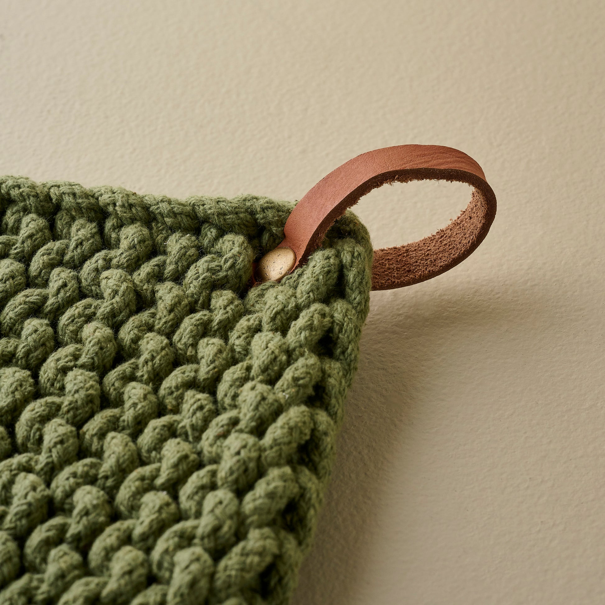 Hand Crocheted Cotton Pot Holder in Green up close