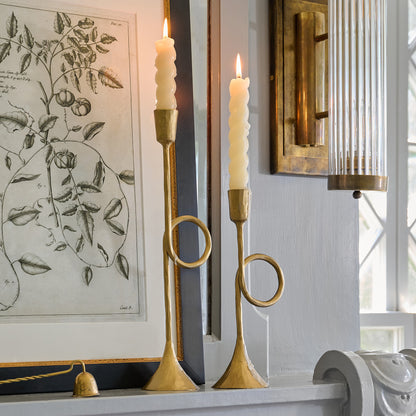 Brass Antique Inspired Trumpet Taperholders shown on mantel with twisted tapers