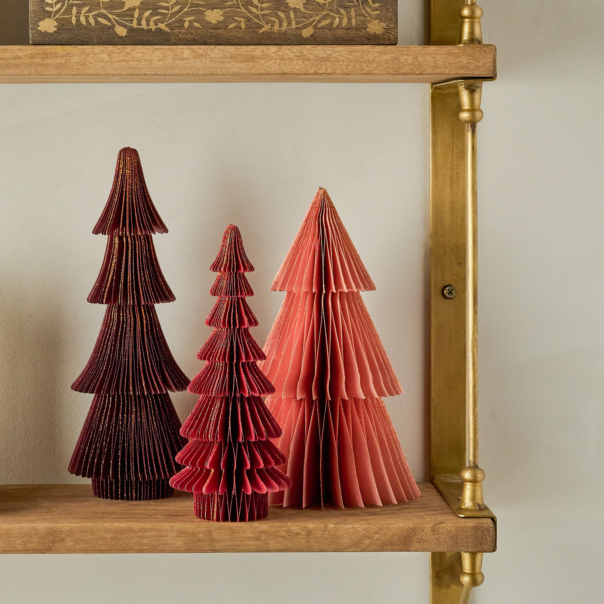 Cardinal Red Set of Decorative Paper Trees shown on shelf