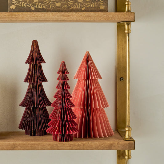 Cardinal Red Set of Decorative Paper Trees shown on shelf