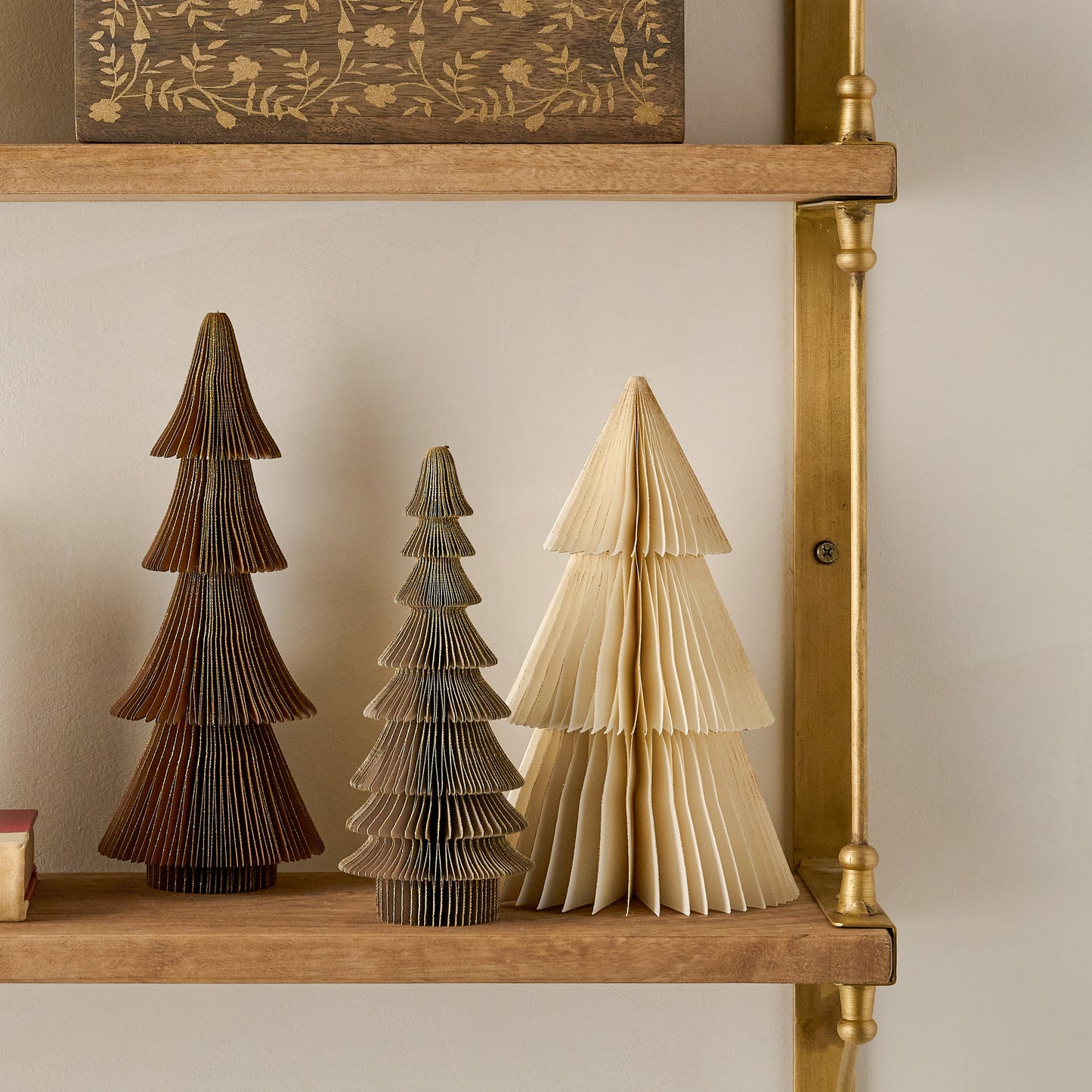 Winter Neutrals Set of Decorative Paper Trees shown on shelf