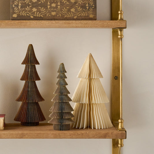 Winter Neutrals Set of Decorative Paper Trees shown on shelf