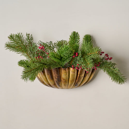 Aged Brass Fluted Wall Planter shown with holiday greenery