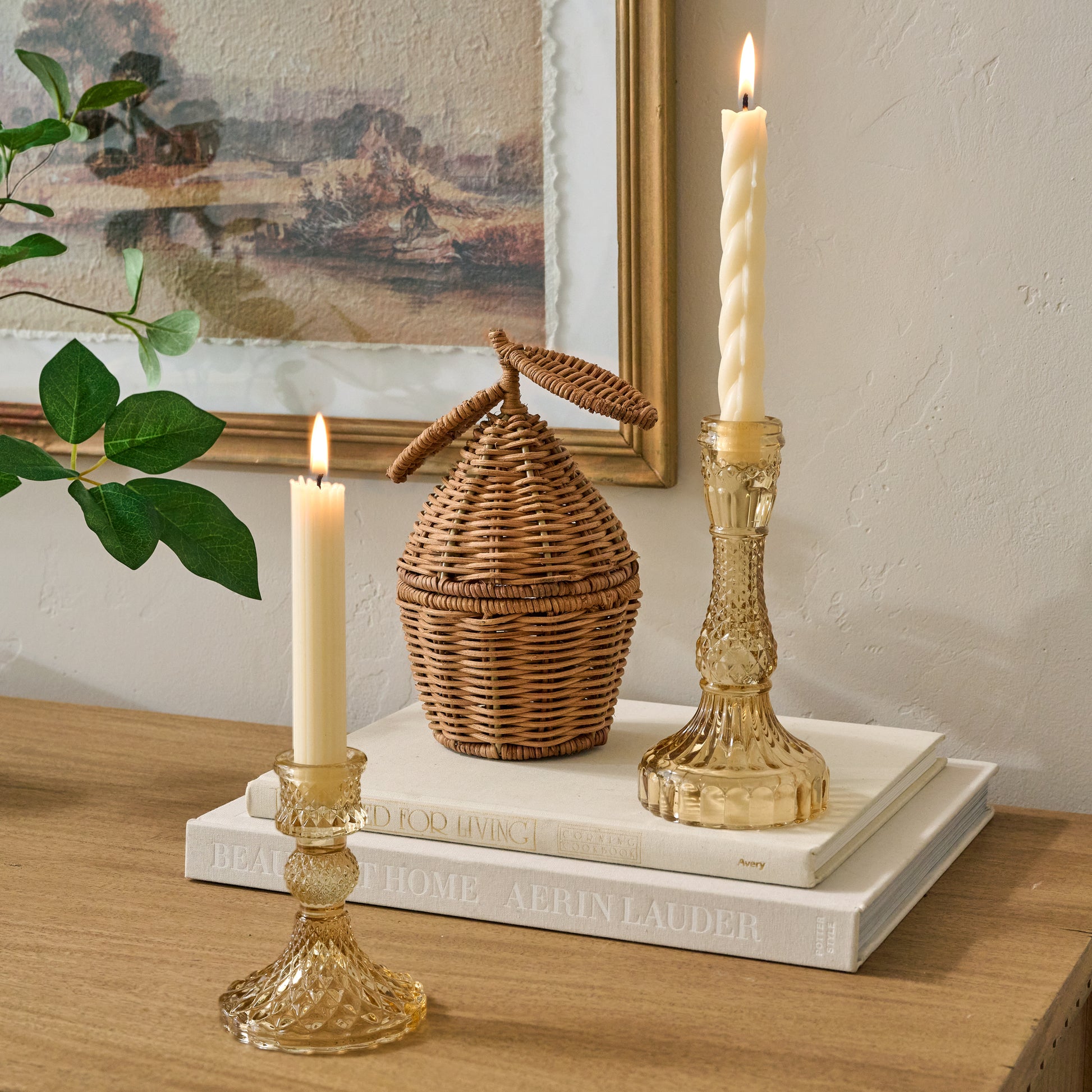 Antique Amber Glass Taper Holders shown with decor