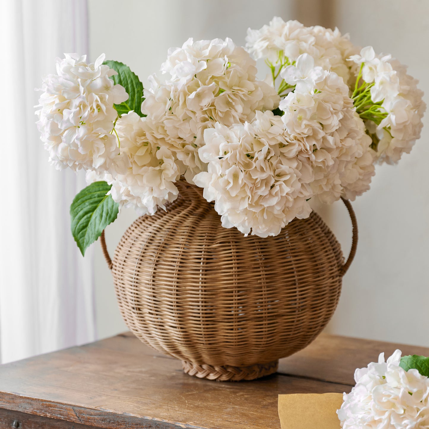 Real Touch Cream Hydrangea Bundle in round rattan vase