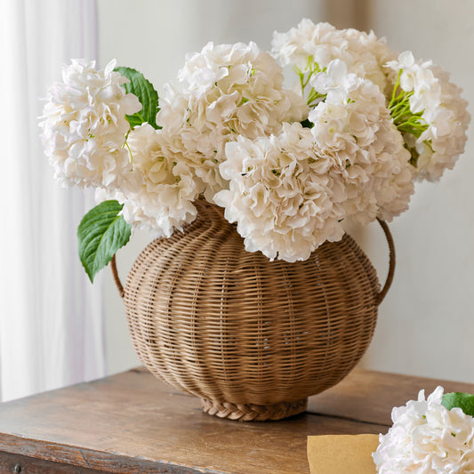 Real Touch Cream Hydrangea Bundle in round rattan vase