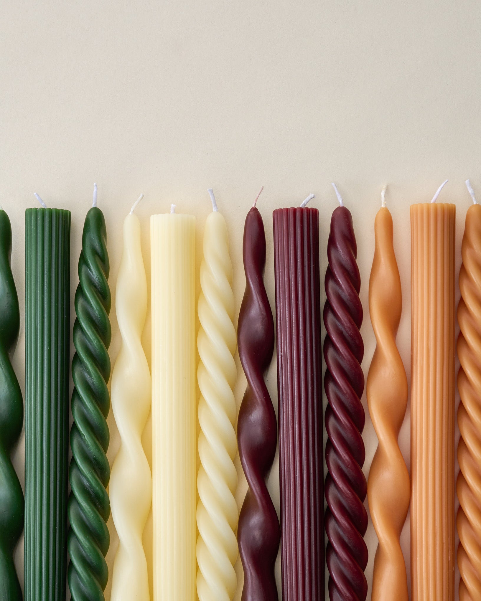 Assorted Drippy Taper Candle - Burgundy, Natural, Olive, & Cream