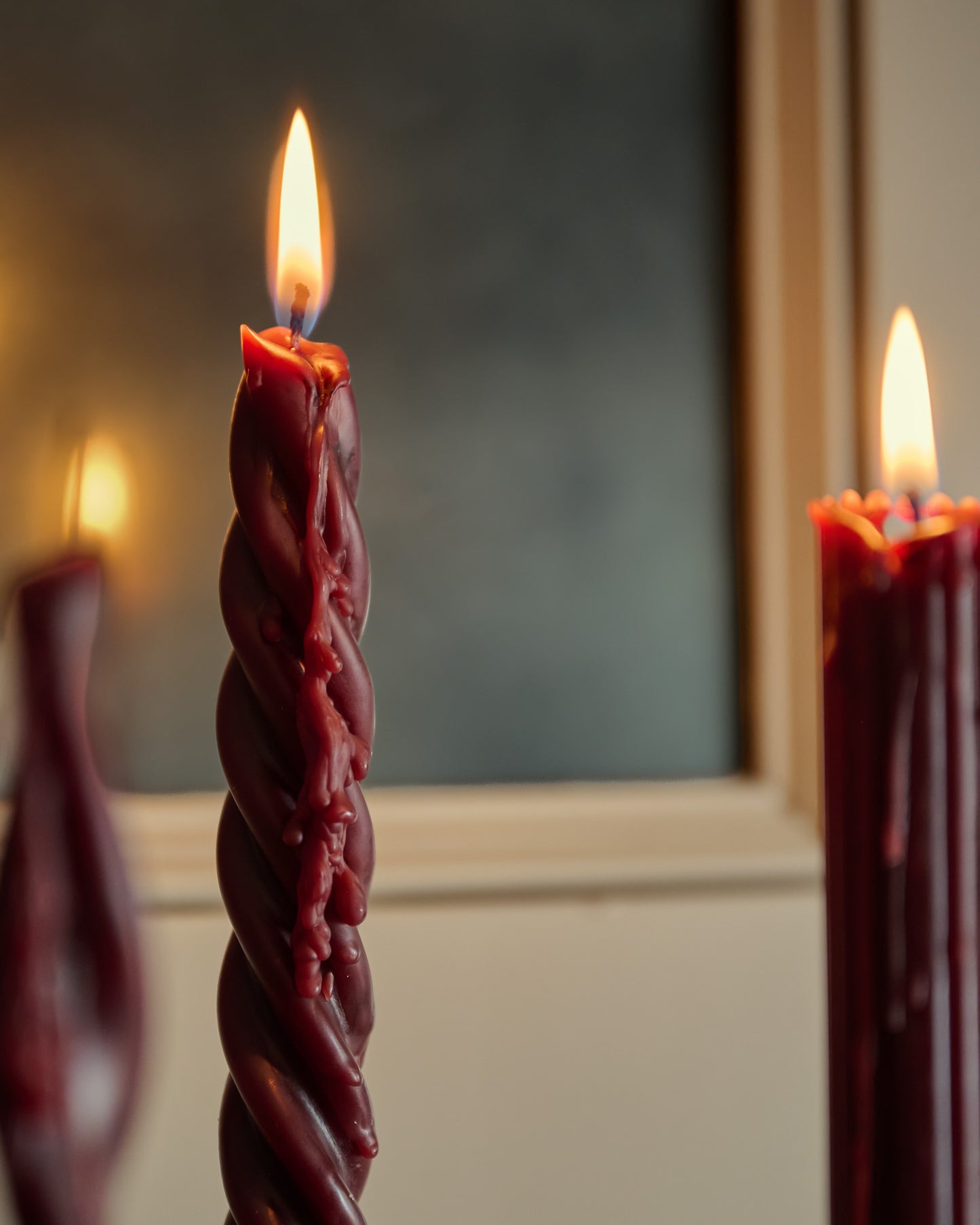 Assorted Drippy Taper Candle - Burgundy lit