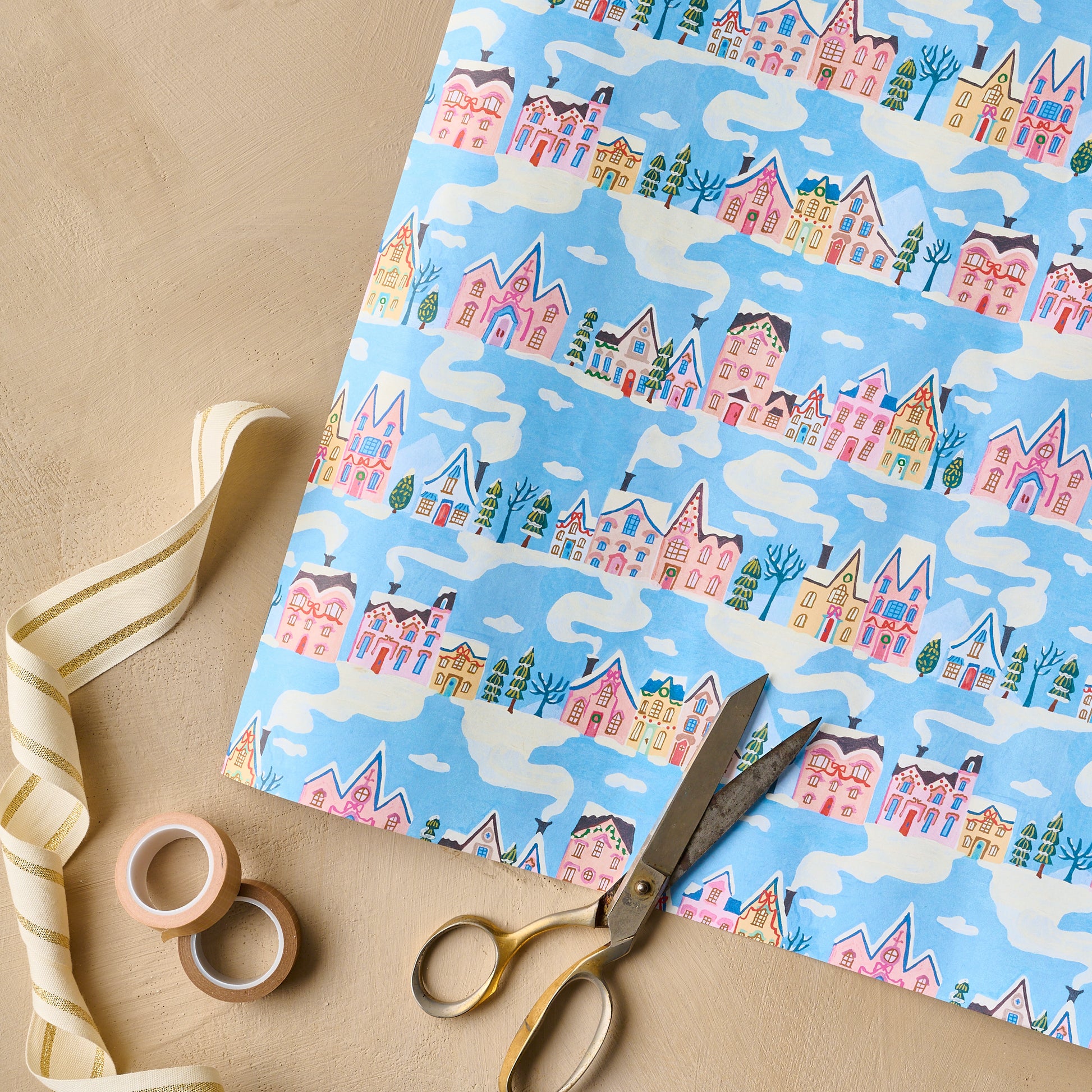 Little Pink Houses Wrapping Paper Sheets with scissors