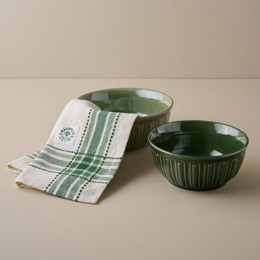 Laurel Green Mixing Bowl + Vintage Green Border Tea Towel Bundle