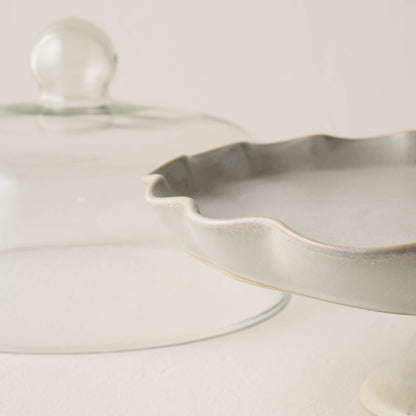 French Grey Ruffle Cake Stand with Dome close up of cake stand ruffle design