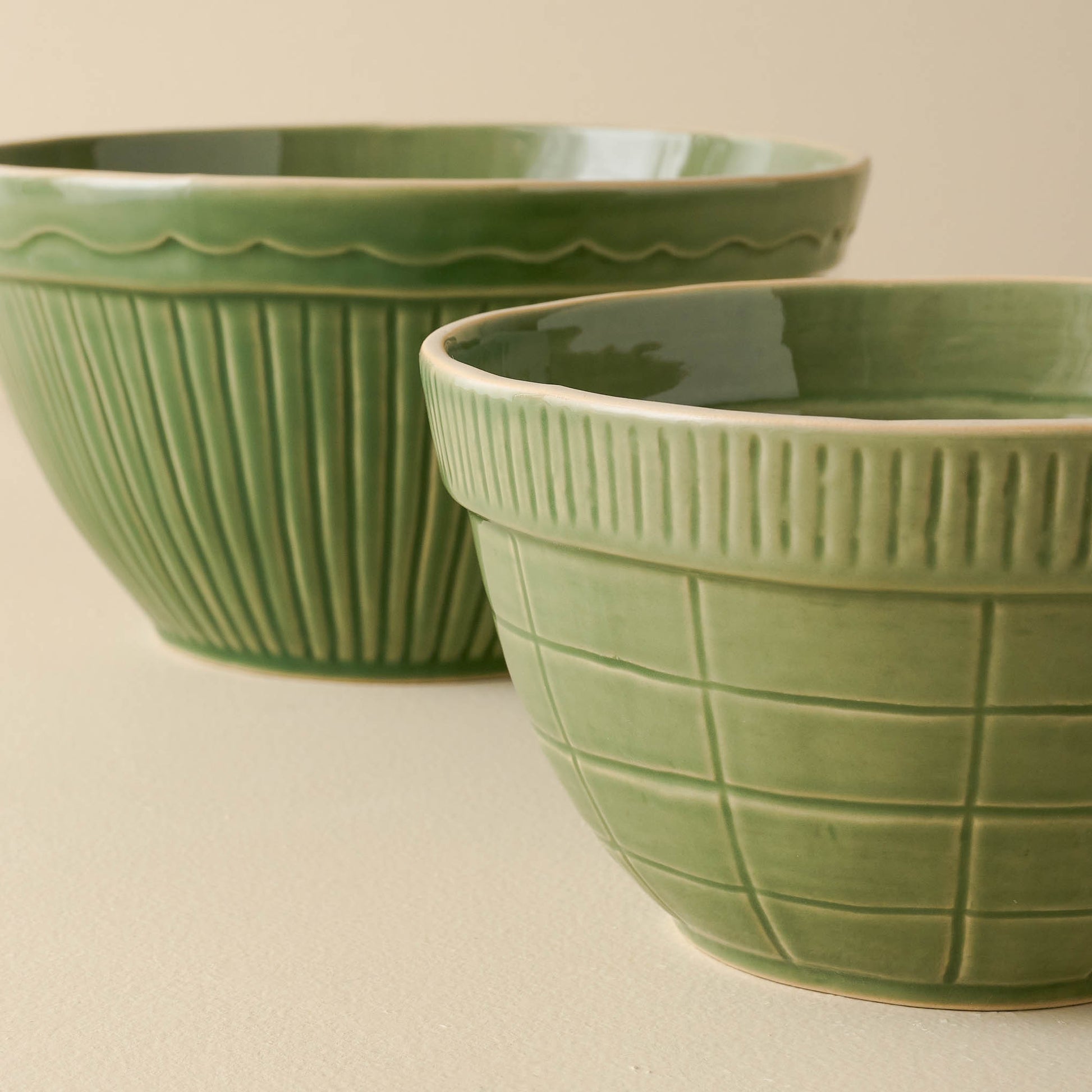 Vintage-Inspired Green Mixing Bowl Set of Two close up