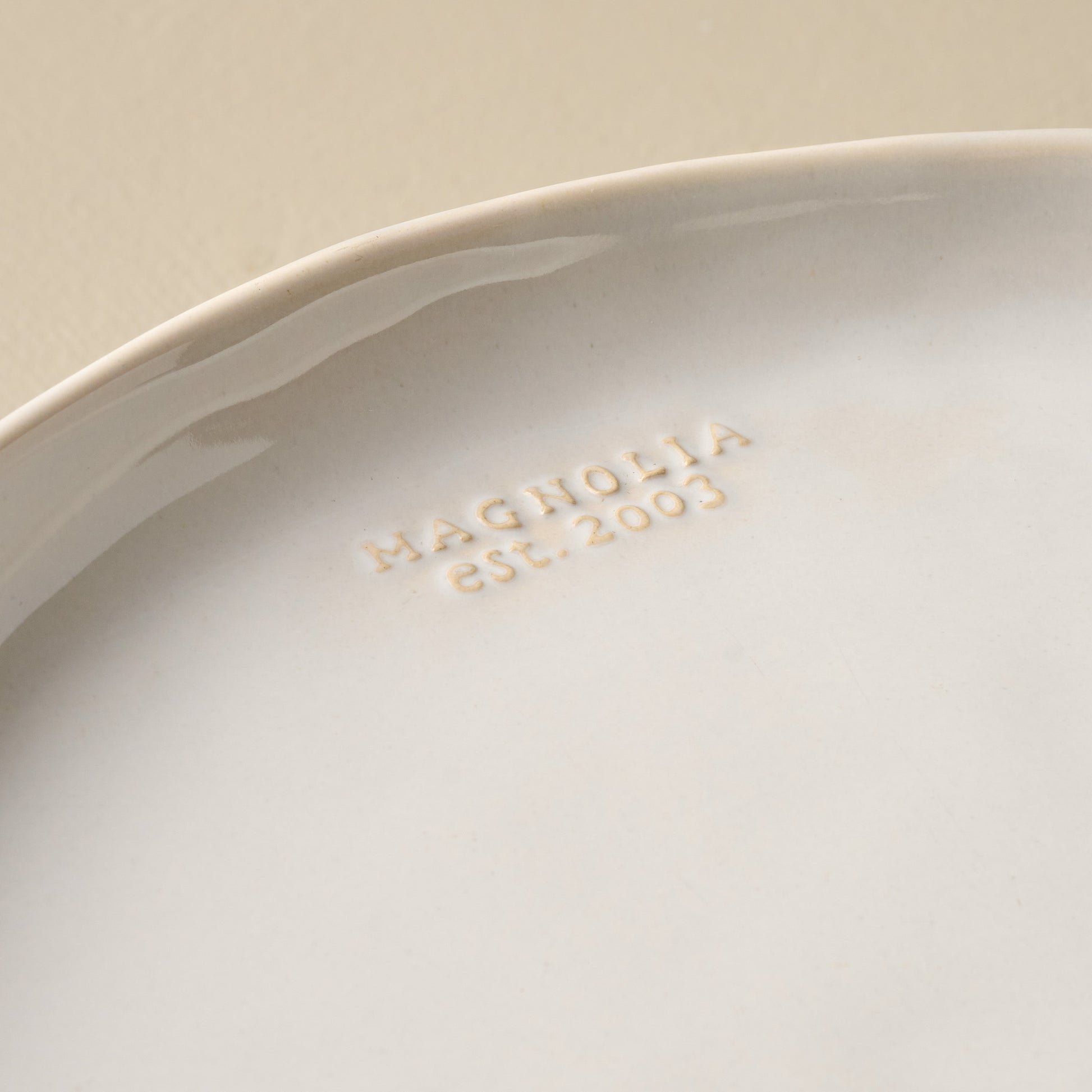 Magnolia Est. Cake Stand detail of branding