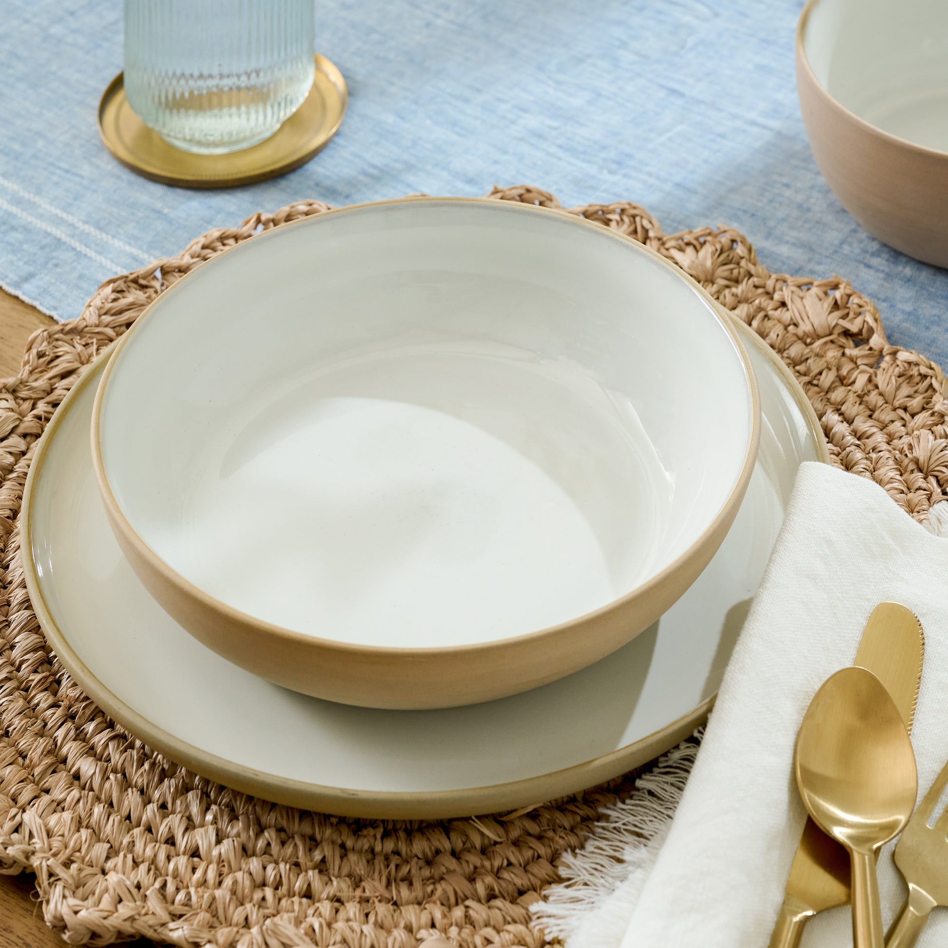 Stone White Lakelynn Pasta Bowl on a table