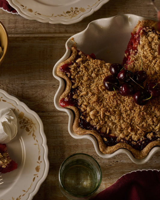 Cream Speckled Pie Dish with cherry pie