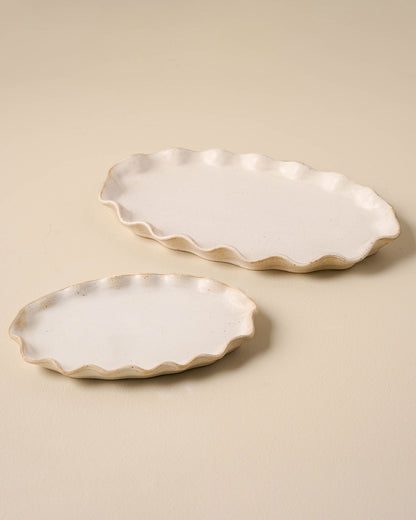 large and small sized ivory Ceramic tray with ruffled edge