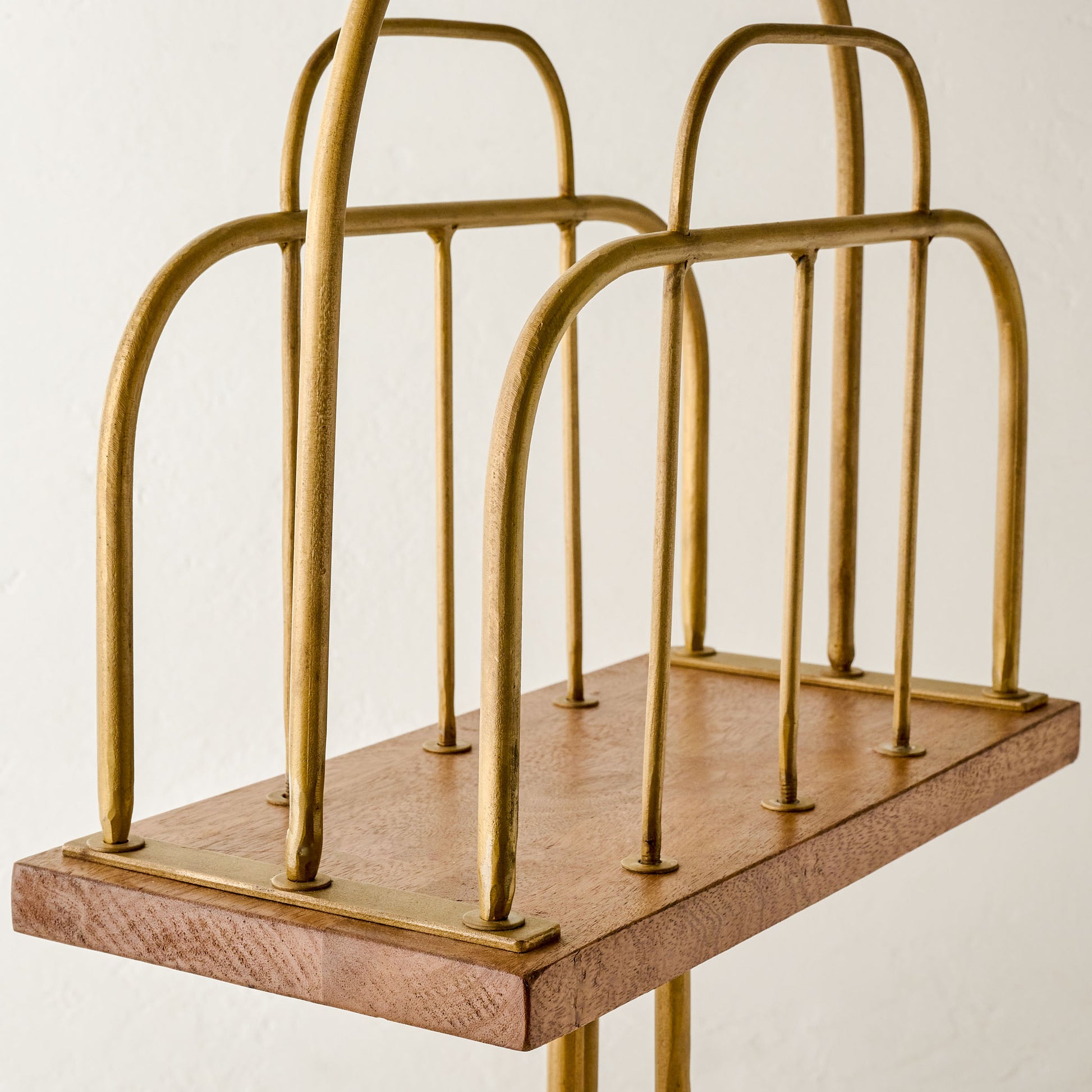 Antique Brass and Wood Media Stand up close