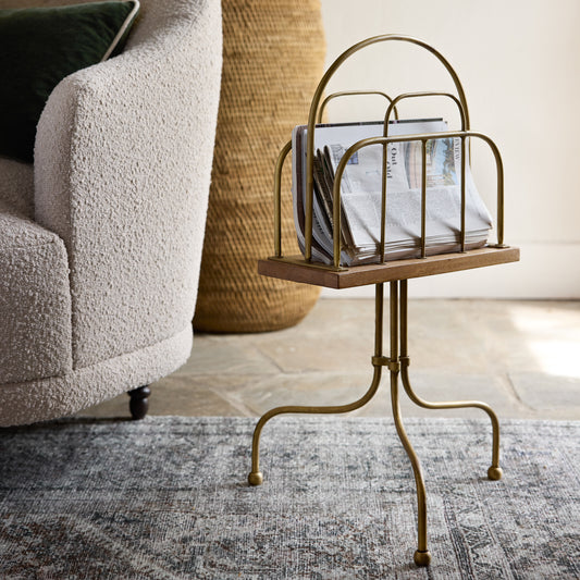Antique Brass and Wood Media Stand in a room