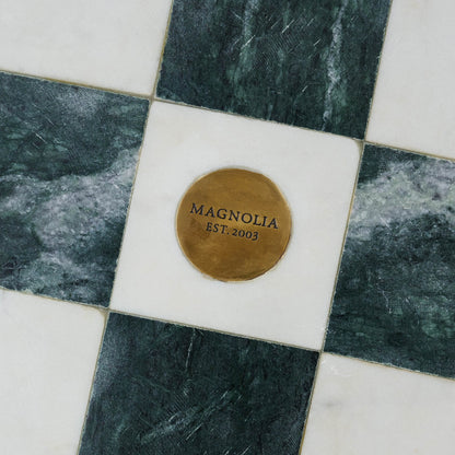 Green and White Marble Tic Tac Toe close up of magnolia logo on the bottom
