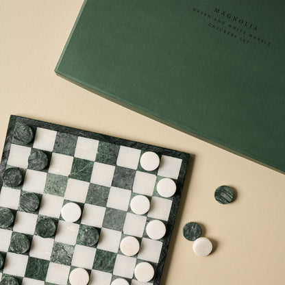 Green and White Marble Checkers Set and box pictured