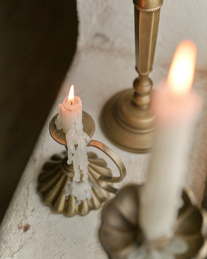Anna Antique Brass Taper Holder (Small and Medium) close up lit