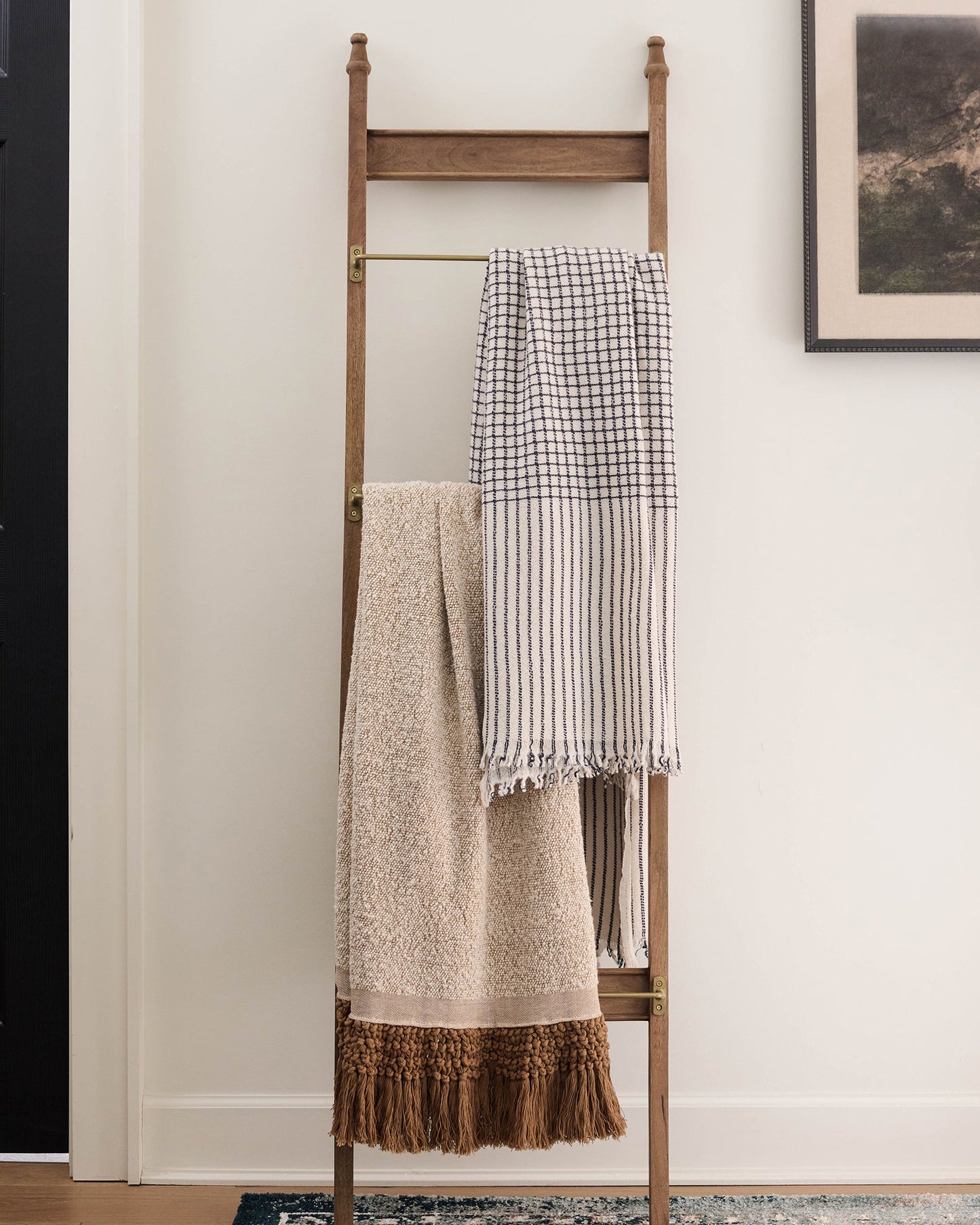 tobacco stick blanket ladder made with Ky sticks this was nailed together then we cut out wood crow and star and painted them then screwed them onto ladder blending traditional craftsmanship with a modern aesthetic Bedrock" 6-Rung Natural Mango Wood