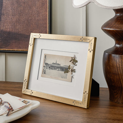 Floral Antique Brass Photo Frame shown on table