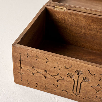 Large Etched Wood Keepsake Box shown open up close